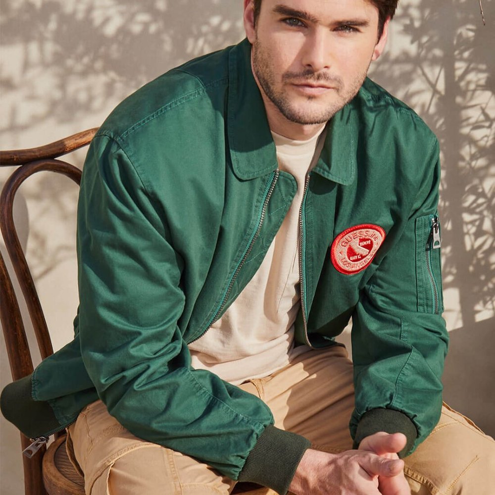 GUESS Men's Green Coated Twill Bomber Jacket